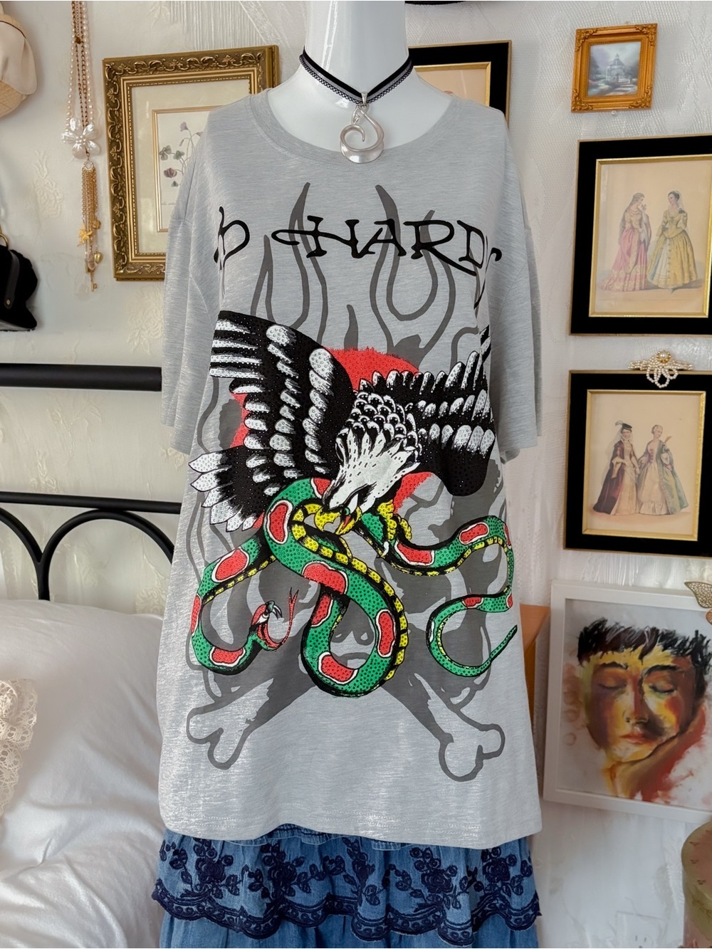 Grunge skater biker streetwear rhinestone eagle snake tattoo graphic tee shirt